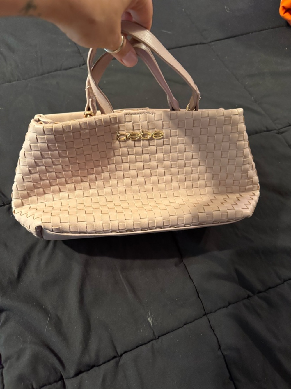 bebe Blush Woven Satchel with Gold Logo